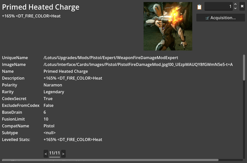 Screenshot of the application, showing details for the mod Primed Heated Charge. It includes internal IDs and ingame stats.
