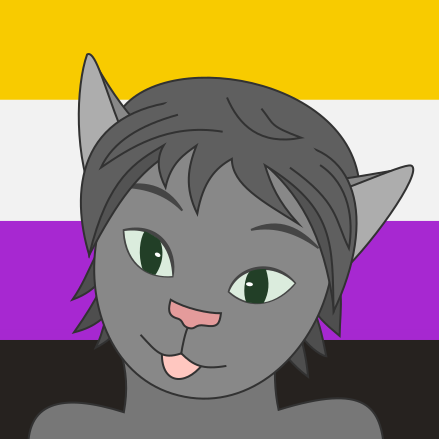 Face of a gray cartoony anthropomorphic cat with green eyes sticking out their tongue.
            The background is the nonbinary flag: Horizontal stripes of yellow, white, purple and black.